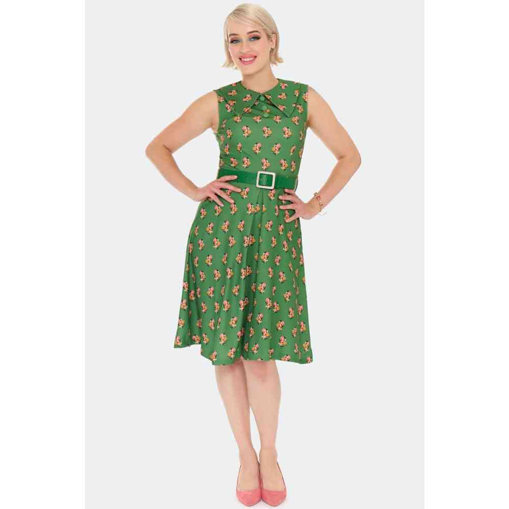 Voodoo Vixen - 60s Green Floral Cat Print Flare Kleid - Grün